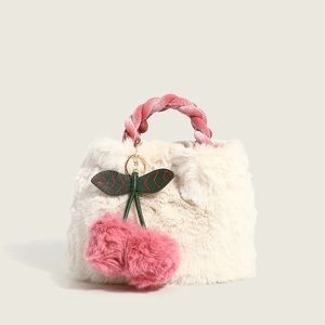 Cute Cherry Trim Twist Fluffy Tote Bag - White